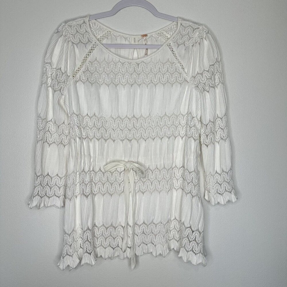 Free People Lace open Knit White Top‎ Tie front Size M